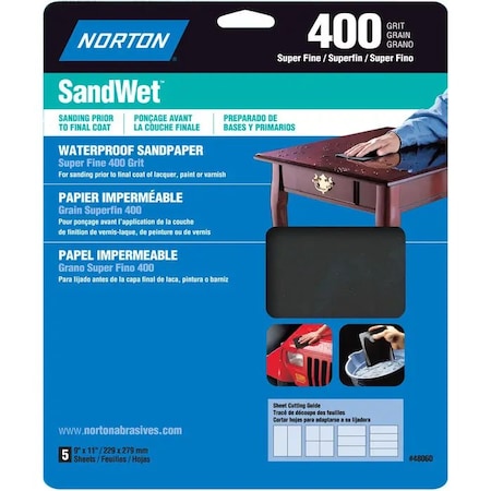 Norton Co 9" x 11" SandWet Wet or Dry Sanding Sheets 400-Grit, PK 5 48060